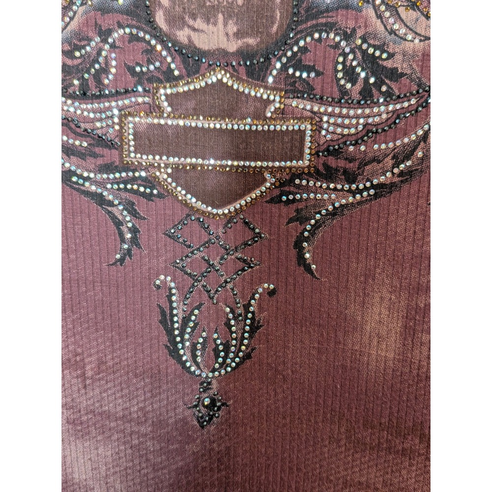 Harley-Davidson Womens Burgundy Rhinestone Winged Skull Lace Up Back L/S Shirt - Picture 12 of 15